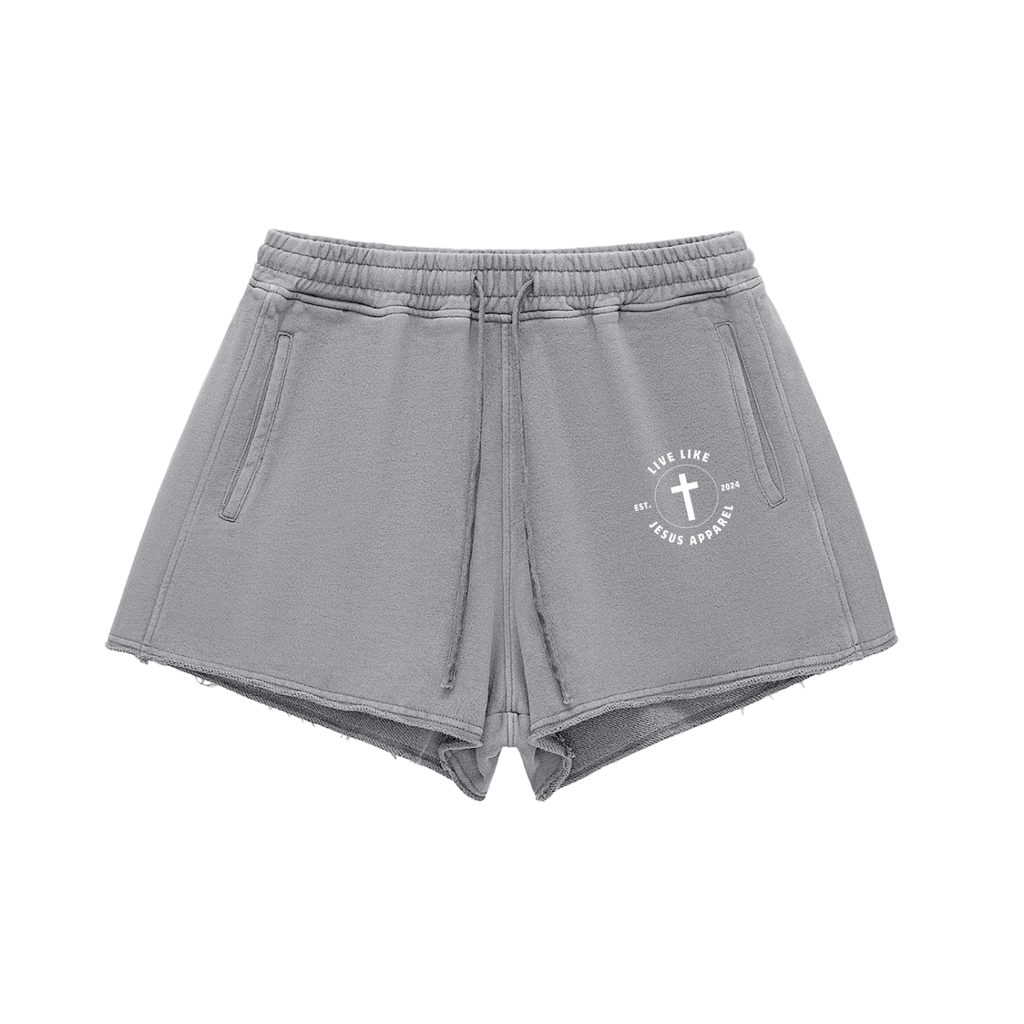 Live Like Jesus Logo Snow Washed Raw Edge Drawstring Shorts