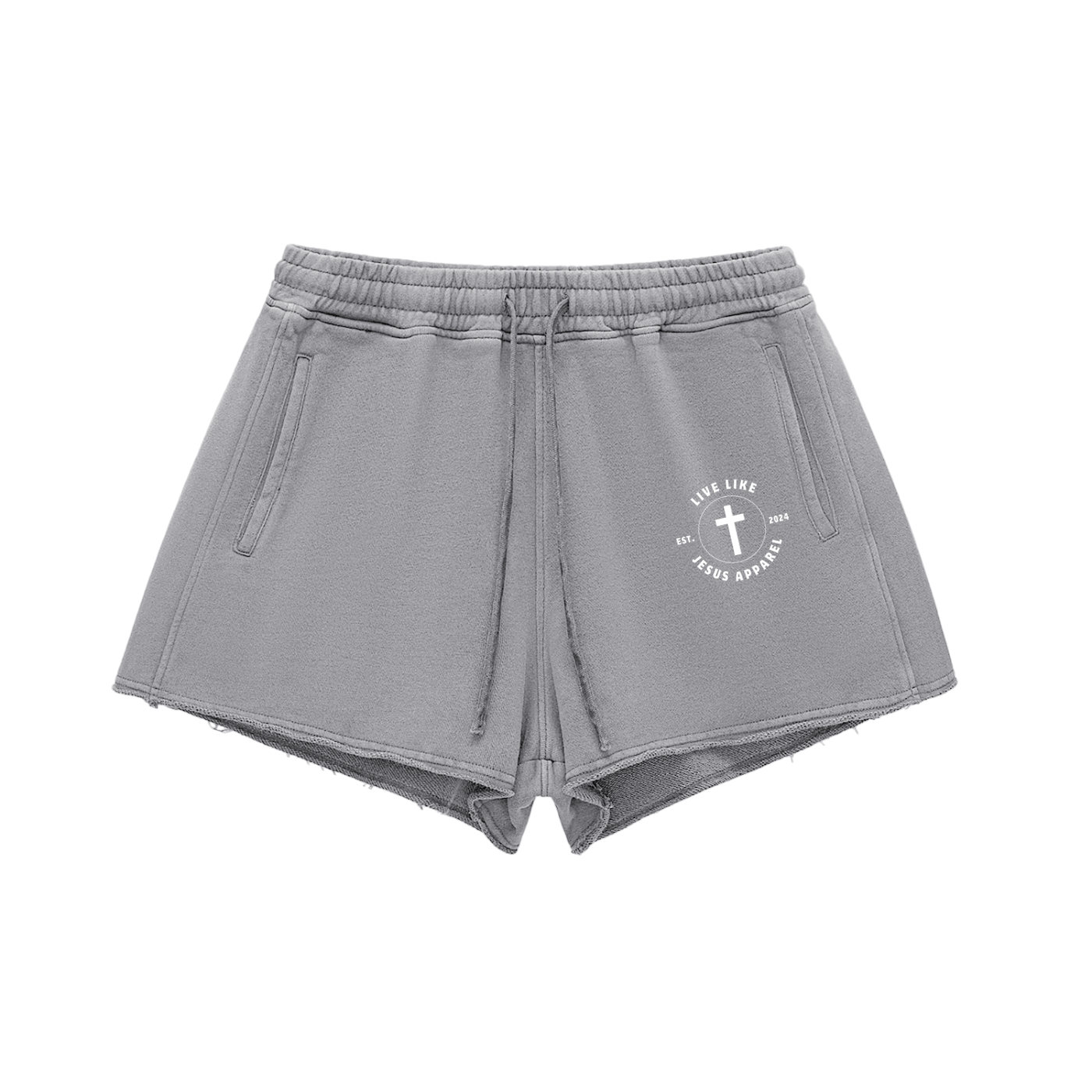 Live Like Jesus Logo Snow Washed Raw Edge Drawstring Shorts