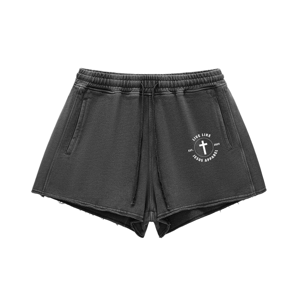 Live Like Jesus Logo Snow Washed Raw Edge Drawstring Shorts